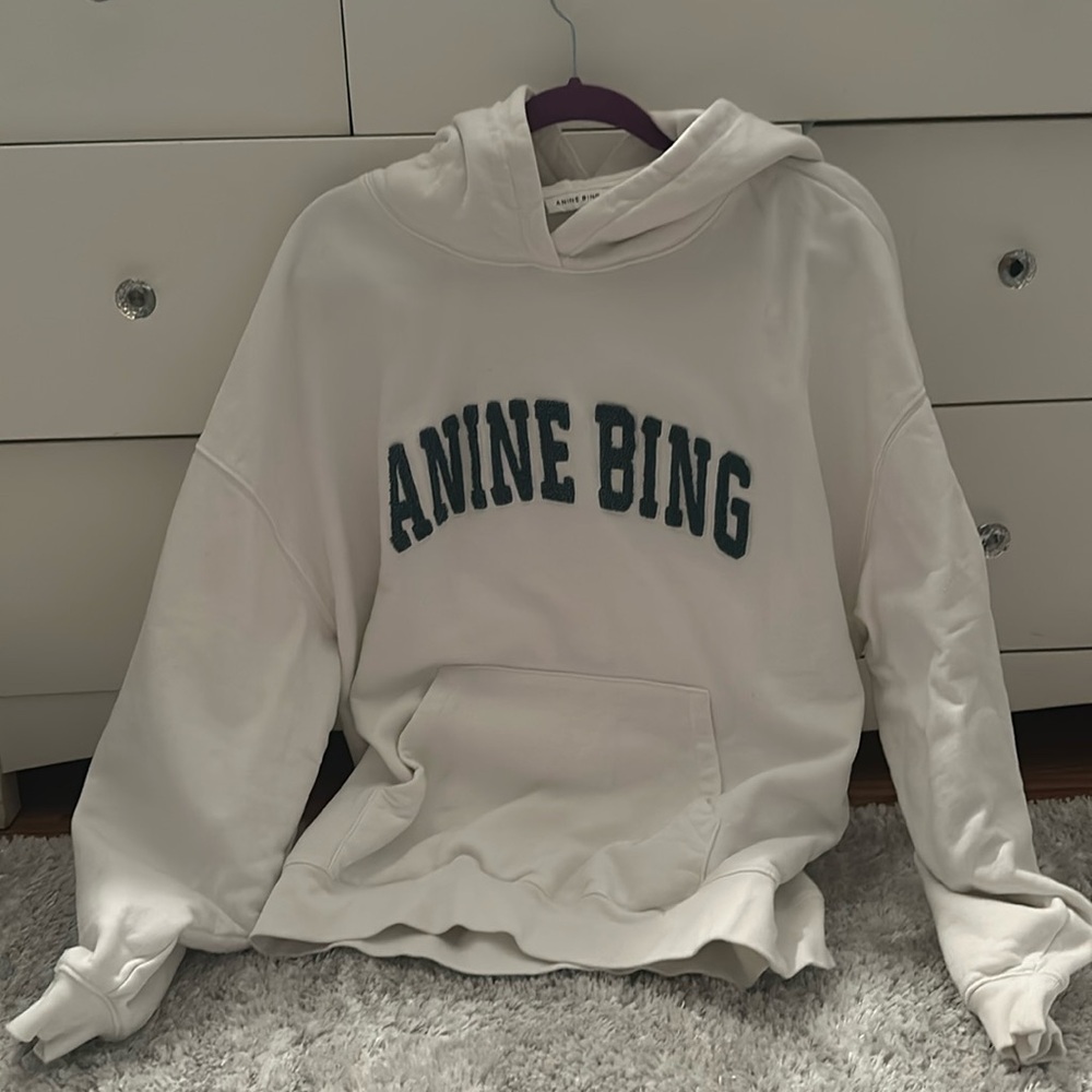 Anine Bing White Hoodie with Dark Green Logo